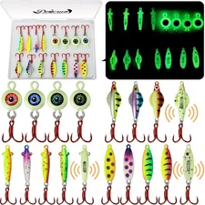 15PCS Dovesun Ice Fishing Spoons Kit – Rattling Glow Lures Treble Hook for Bass