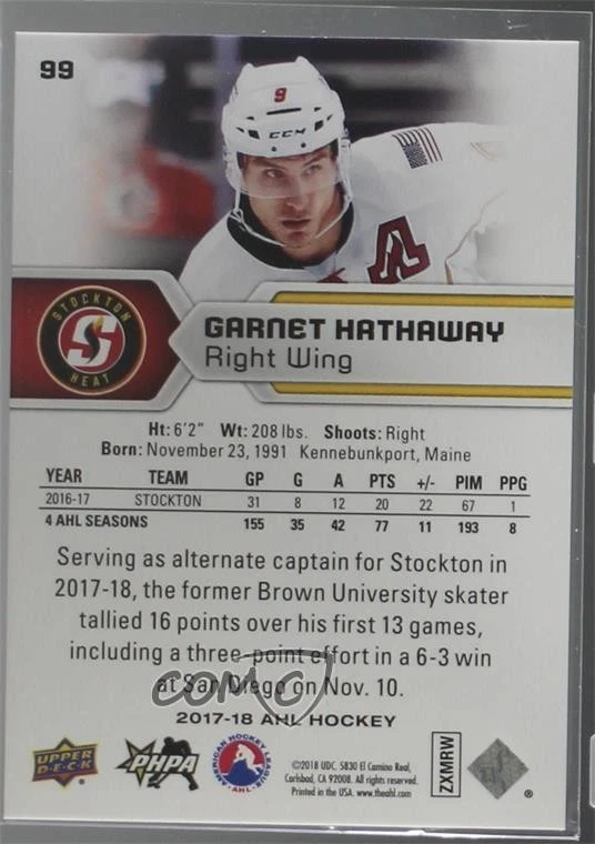 2017-18 Upper Deck AHL Rainbow Foil Garnet Hathaway #99 - Image 2 of 2