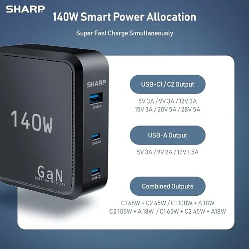 SHARP 140W USB C CHARGER, COMPACT FOLDABLE GAN FAST CHARGE QV16 - BLACK - Image 4 of 4