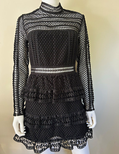 Self-Portrait Black 3D Lace Tiered Mini Dress US 8 NWT $520