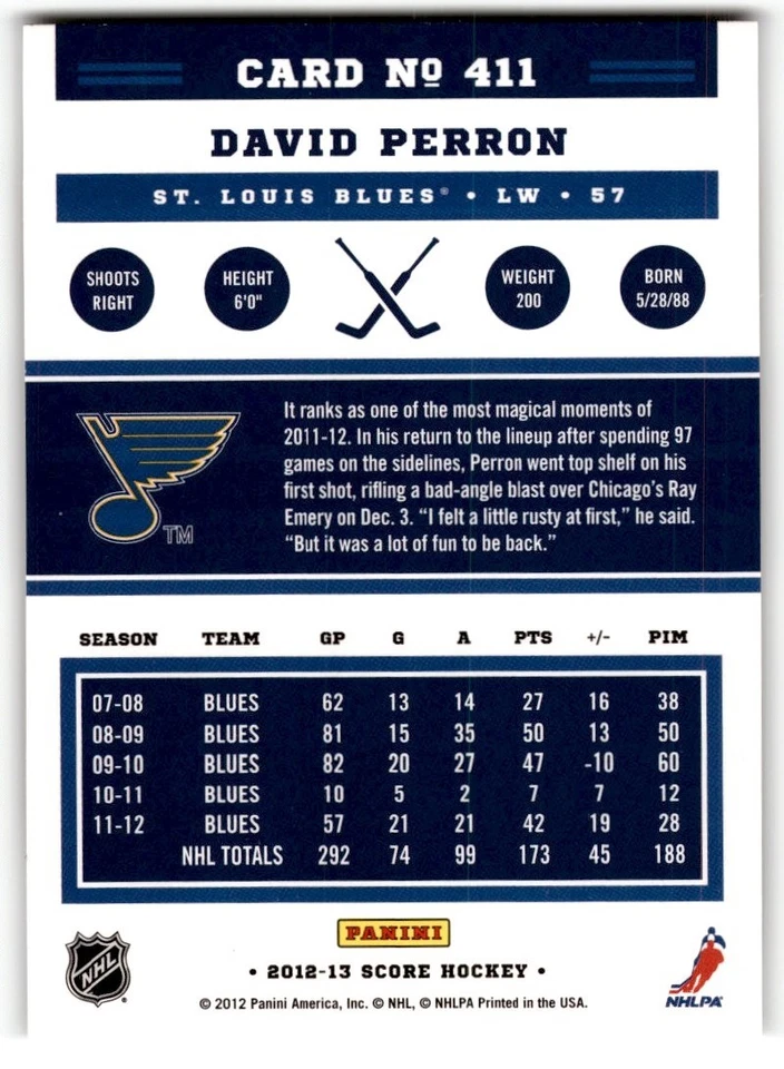 David Perron 2012-13 Score Gold Rush #411 St. Louis Blues - Image 2 of 2
