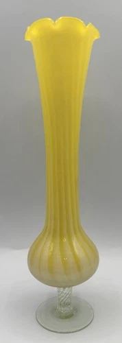 Fenton Style Handblown Yellow White Candy Stripe Mid Century Slender Glass Vase