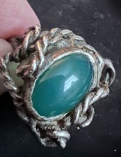Silver color green stone artisan ring sz 9.75 Goth Heavy Mens Unique Funky
