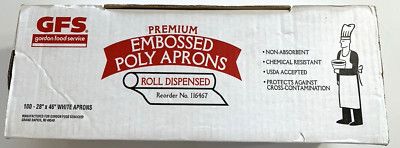 BOX OF GFS PREMIUM EMBOSSED POLY APRONS  100 28''X46'' WHITE APRONS. for $18.97