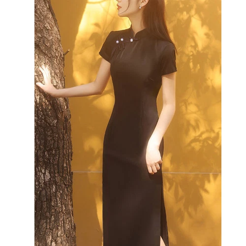 Mujeres Negro Largo Qipao Vestido Mejorado Cheongsam Elegante Chino Tradicional Club - Imagen 7 de 11