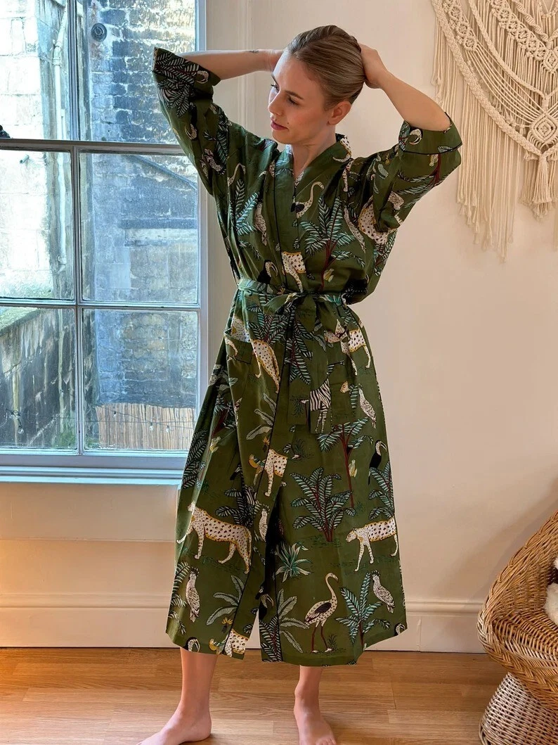 Indian Green Forest Print Cotton Long Kimono Women s Nightwear