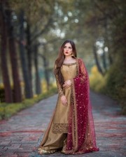 New Launching Chinnon Silk Beige Palazzo Suit With Fancy Dupatta For Reception