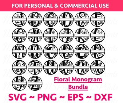Floral Monogram Alphabet SVG, DXF, PNG Split Monogram Frame Alphabet, Cut File