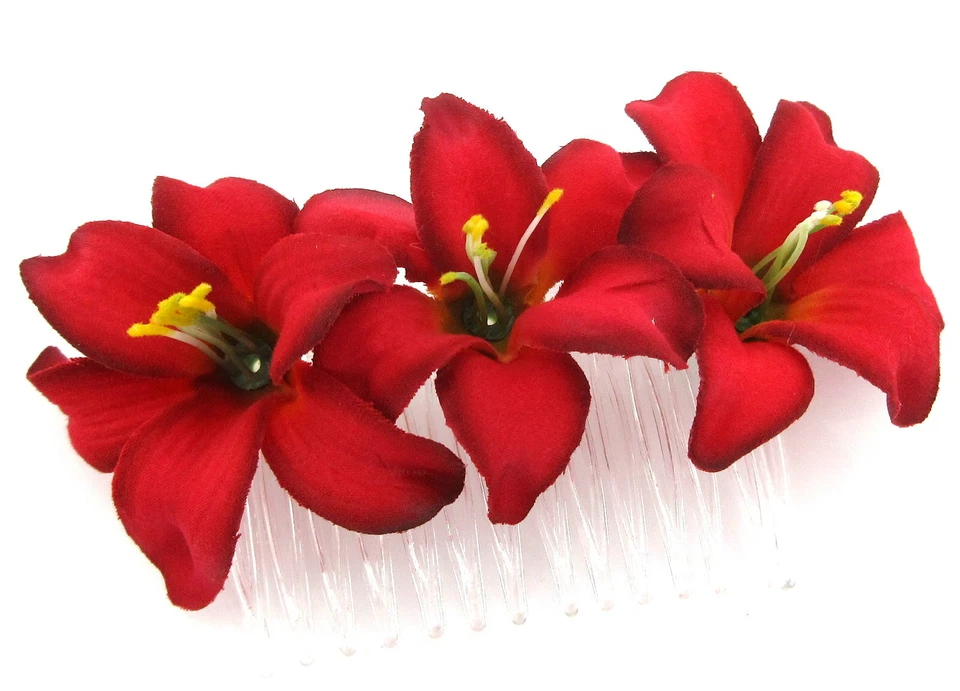 Triple 2" Red Lily Silk Flower Hair Comb,Wedding,Prom,Dance - Image 3 of 3