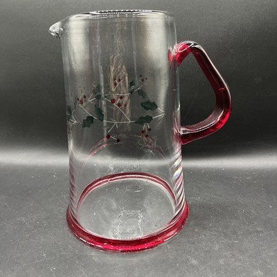 Pfaltzgraff Winterberry Pitcher Holly Etched Hand Painted Glass 2.5 Qt