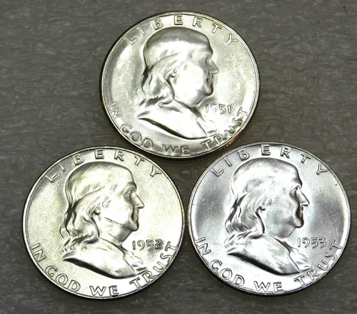 1951 1952 1953 Franklin Half Dollar Choice BU Frosty White lot of 3 coins #Y260