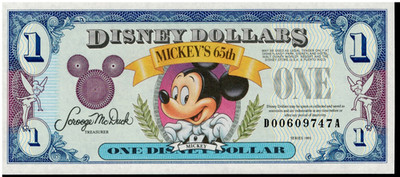 Disney Dollars Mickey's 65th One Disney Dollar Series 1993 Crisp Uncirculated