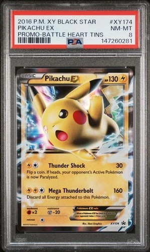 PSA 8 NM-MT Pikachu Ex #XY174 2016 Pokemon XY Black Star Promo Battle Heart Tins