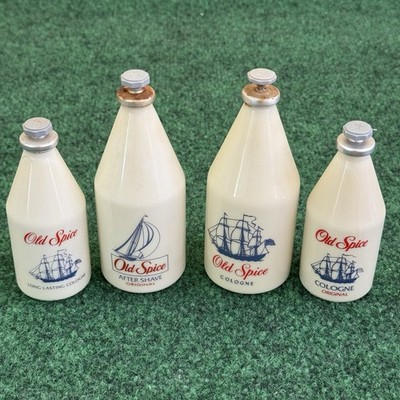 Vtg 80s/90 Old Spice After Shave & Cologne Milk Glass Bottles Much Left Shulton