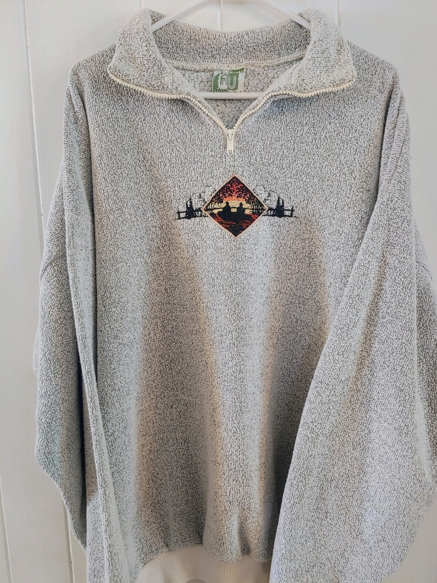 Art Unlimited Quarter Zip Gray Sweater Nature Print Fishing Embroidered  Mens XXL