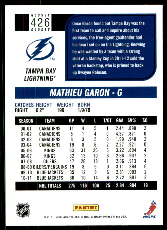 2011-12 Score Mathieu Garon #426 - Image 2 of 2