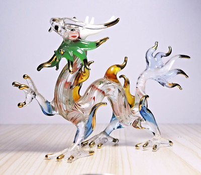 Chinese DRAGON figurine hand blown glass art Blue Amber Gild 5.5 in - decor Gift