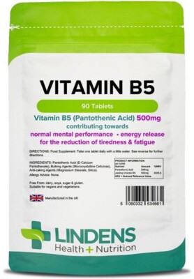 Vitamin B5 (Pantothensäure) 500 mg x 90 Tabletten; Linden - schnelles KOSTENLOSES UK-Porto
