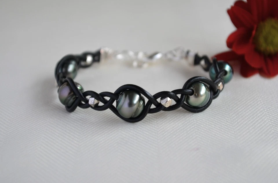 五颗大溪地珍珠手链大溪地珍珠黑色皮革手链手工制作 — 第 3/4 张图片