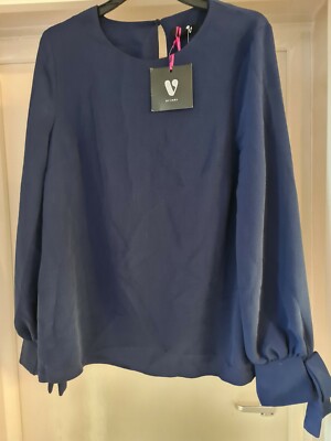 V By Very Essential Tie Sleeve Long Sleeve Shell Blouse Top - Navy Size 12
