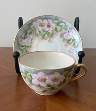 NORITAKE 1940s CHINA TEA CUP & SAUCER HANDPAINTED PINK FLORALS, GOLD TRIM SIGNED