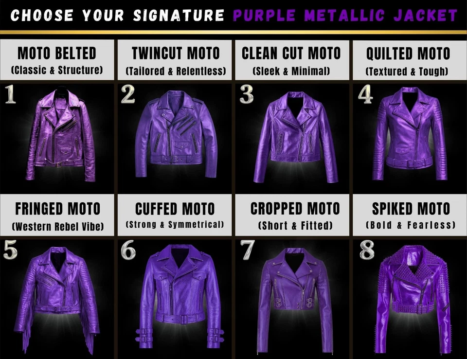 全新 女式 金属色皮革夹克 时尚 骑行者 闪亮羊皮 皮革 夹克 — 第 2/4 张图片