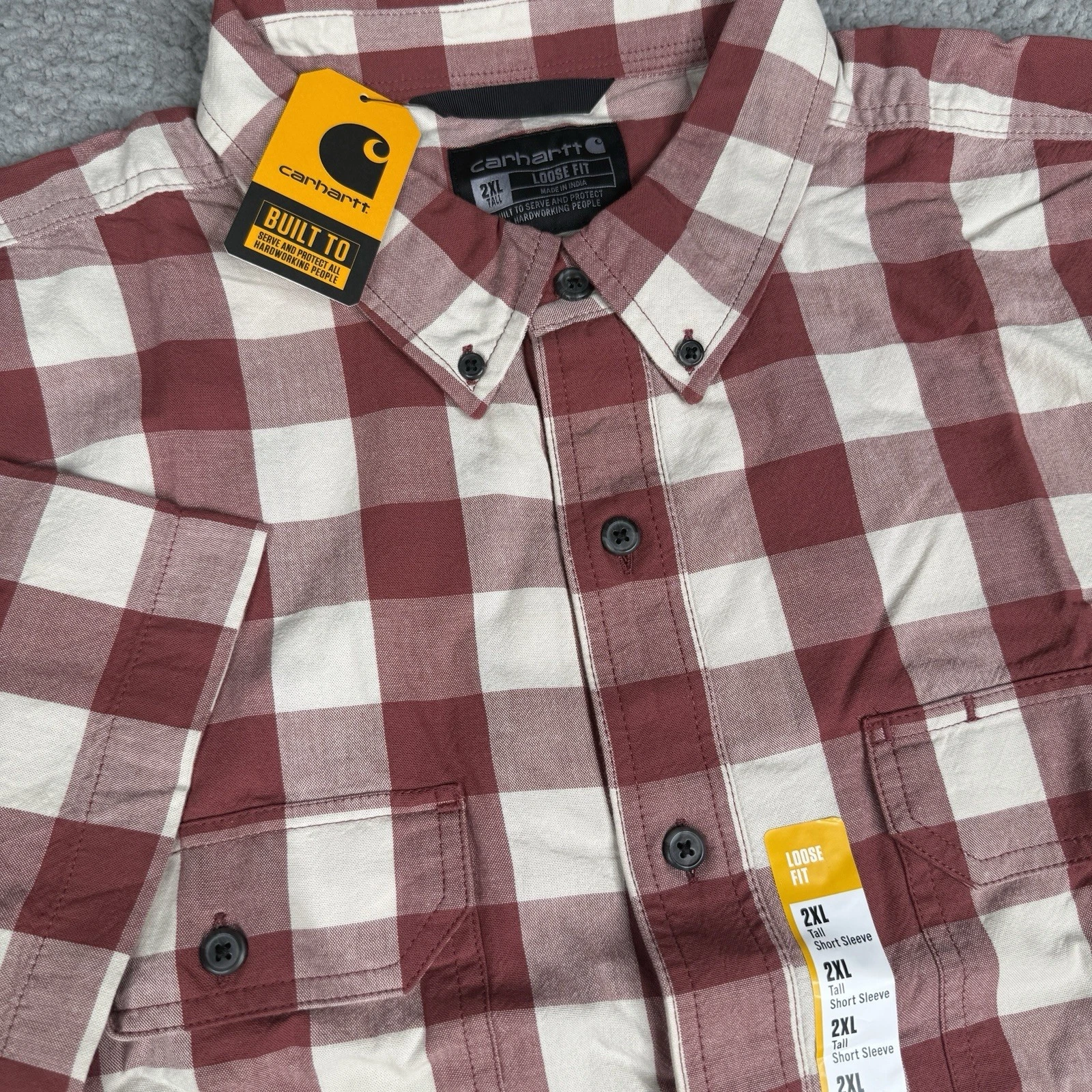 Carhartt Shirt Mens 2XL Tall Red Plaid Loose Fit Midweight Short Sleeve 106140