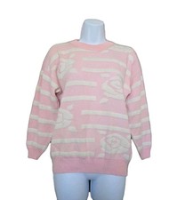 Vintage 90s Roses Pink White Crewneck Knit Sweater Granny Womens Size Small