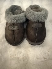 UGG Women's Brown Gray Suede Shearling Slip-On Slippers Fur Trim Logo Comfort
