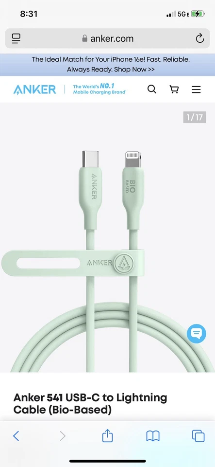 Cable de carga Anker - verde menta (6 pies) compatible con Apple Foto 2 de 2
