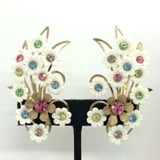 VINTAGE 60S EMMONS PLASTIC FLOWER EAR CRAWLER CLIP EARRINGS PASTEL RHINESTONES