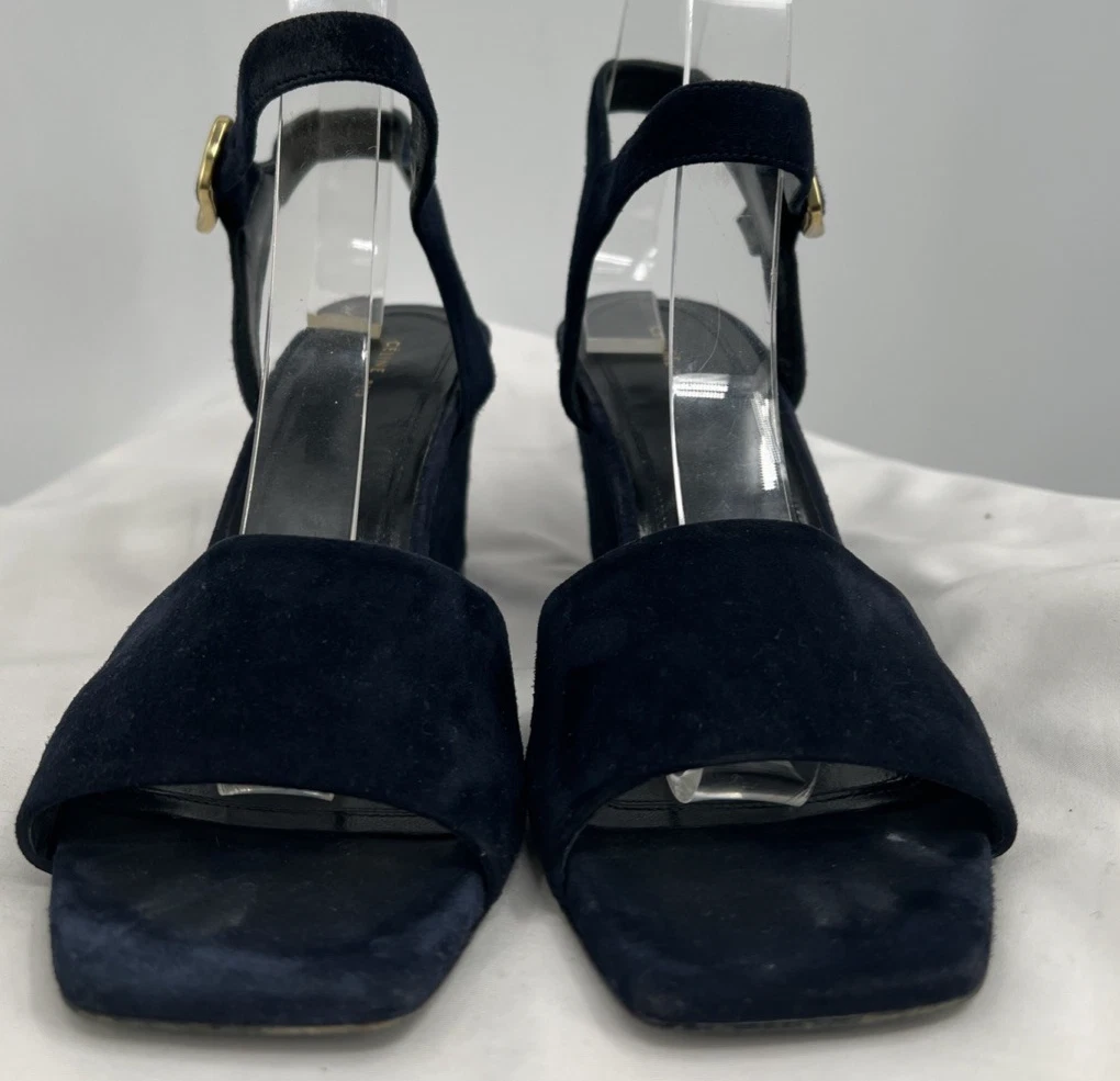 Sandali donna Celine blu navy scamosciati plateau tacco a blocco cinturino alla caviglia taglia 37