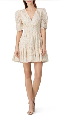 CLEOBELLA Sadie Mini Dress Women Small Peach Floral Ruffle 100% Cotton