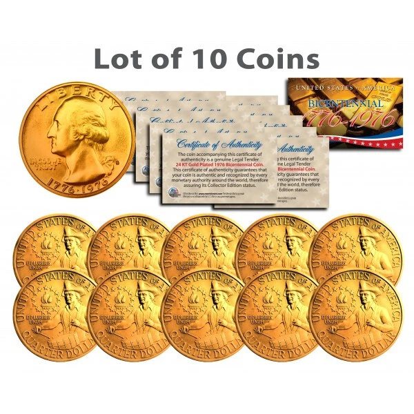 Bicentennial 1976 Quarters U.S. Coins 24K GOLD PLATED w/Capsules (Lot of 10) - Image 3 of 3