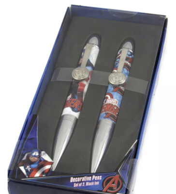 1X Marvel Avengers Captain America Themed Decorative Black Ink Pen Set Of 2 Pens