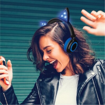 Headphones LED Light Up Music Listening Fun Blue Cat Ear