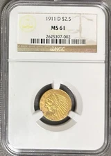 1911 D Strong D Gold Indian $2.50  - NGC MS61