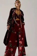 Free People Anna Sui Poppy Embroidered Pant Set Size 4 Y2K Floral 90s