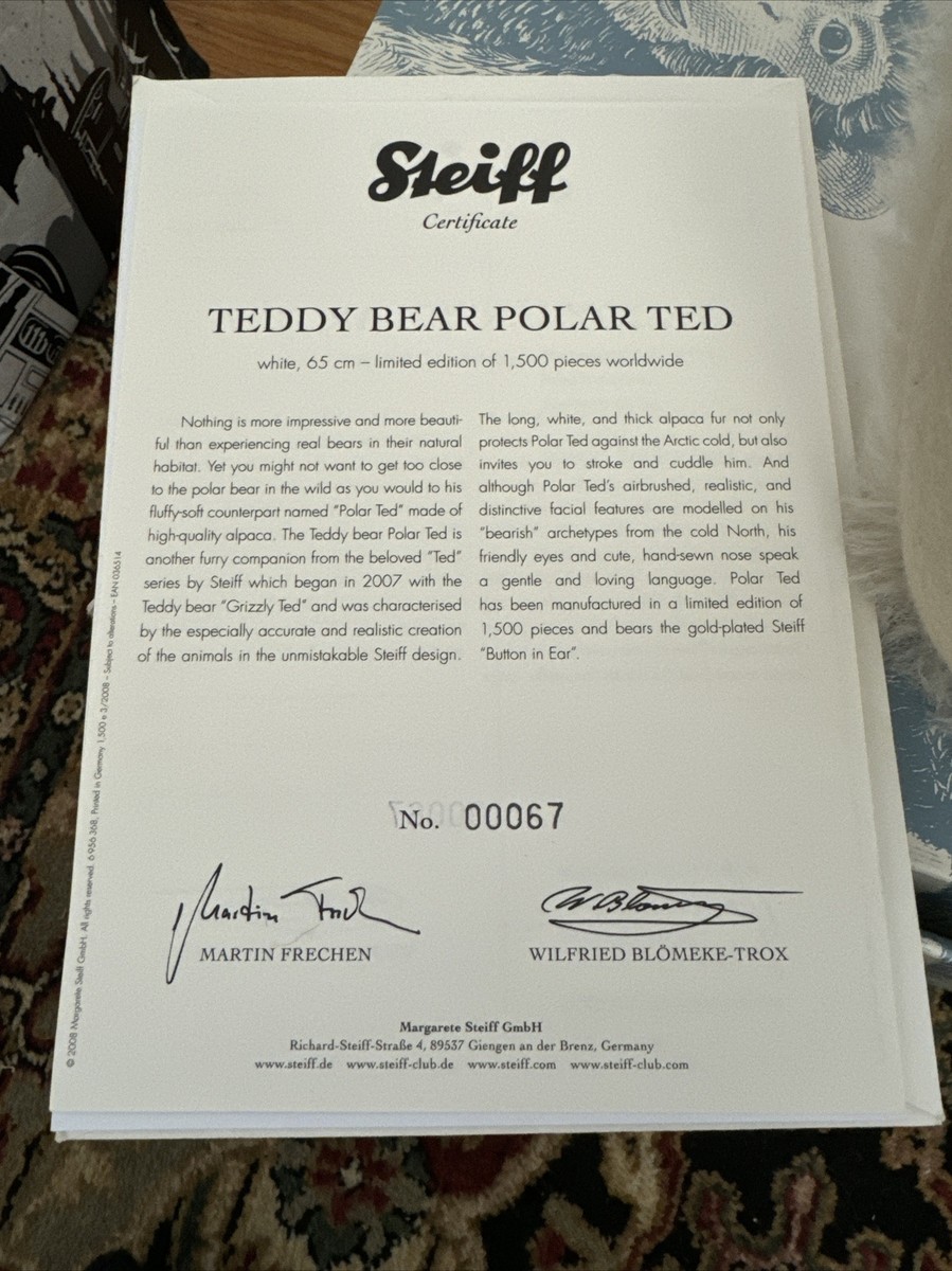Steiff Polar Ted - 26”, Jointed, Alpaca! LE 1500. 036514 Steiff Polar Ted - 26”, Jointed, Alpaca! LE 1500. 036514