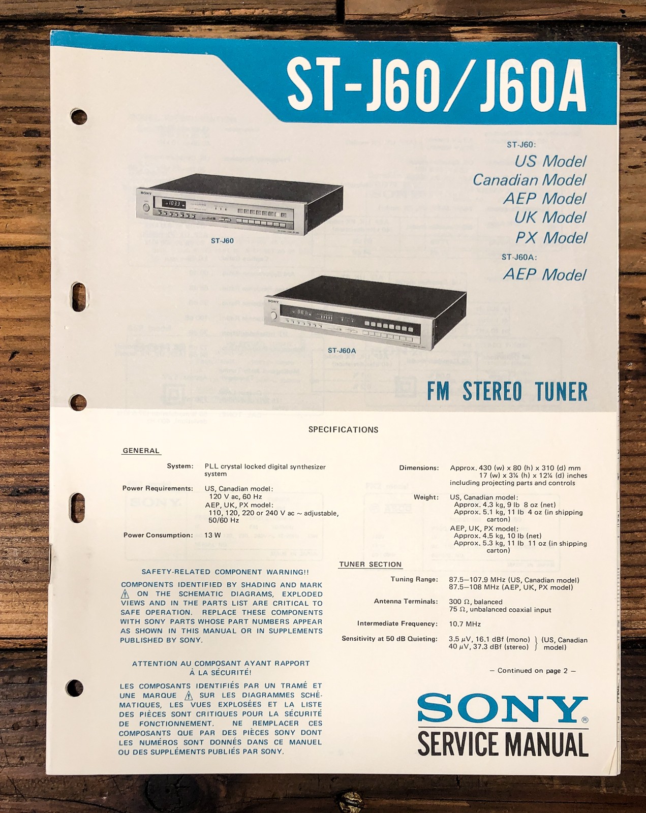 Sony ST-J60 ST-J60A Tuner Service Manual *Original*