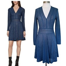 BCBGMaxAzria Kinley Fit & Flare Long Sleeve Dress Size Small Marine Blue