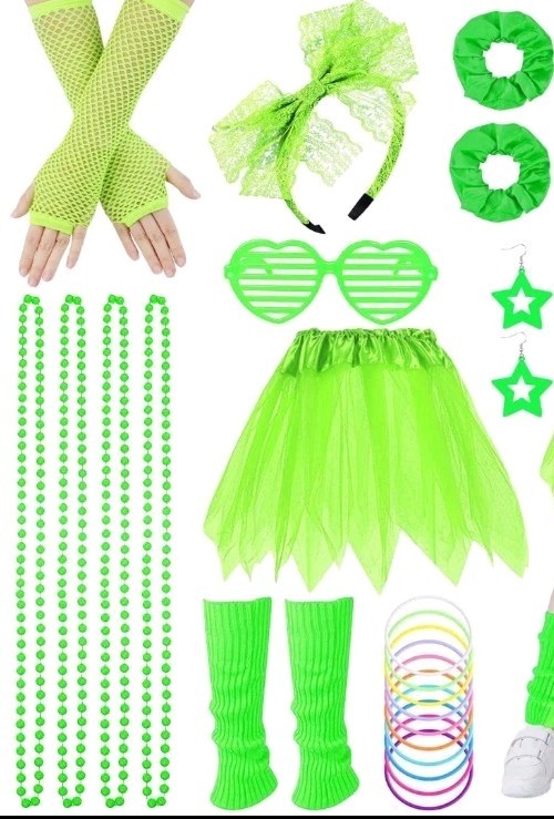 Vestido de fantasía años 80 para niñas 9 accesorios verdes disfraces de fiesta elegantes niñas años 80