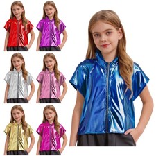Unisex Kids Jacket Sleeveless Hoodie Rave Vest Zip Up Outerwear Shiny Children