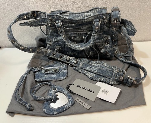 Balenciaga City Bag Small 2way Denim Logo Monogram Faded Blue White Silver Studs