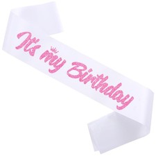 'It's My Birthday' Birthday Sash White with Glitter Pink Letters - Queen of t...