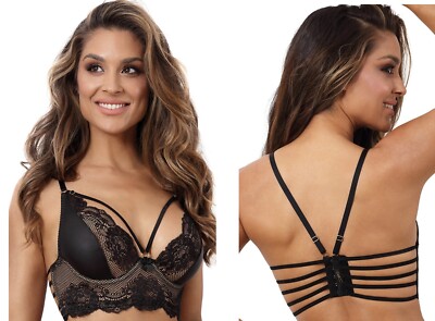 AXAMI  KUNSTLEDER SPITZE BH bänder schwarz bustier clubwear  V-10701