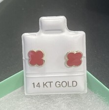 14K Small Yellow Gold Four Leaf Red Flower Stud Earrings With Safety Backing