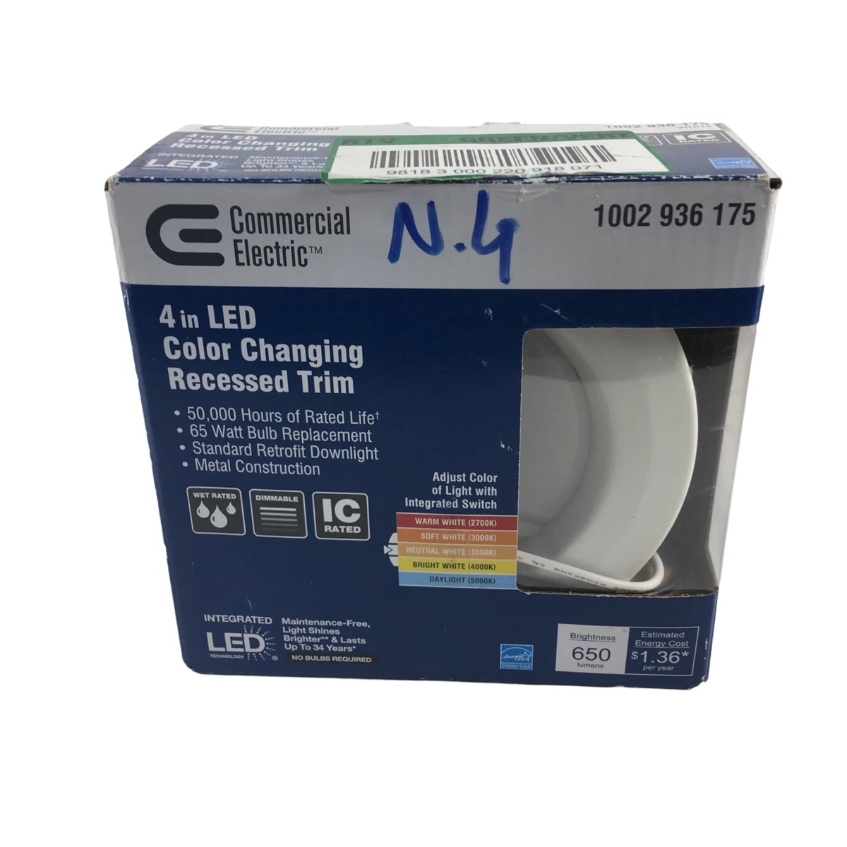 COMMERCIAL ELECTRIC 4 IN LED COLOR CHANGING RECESSED TRIM DIMMABLE OPEN BOX