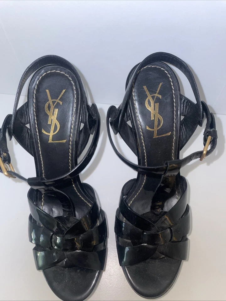 Salto plataforma Yves Saint Laurent YSL tributo couro preto tamanho 38 / 7,5 - Imagem 2 de 3
