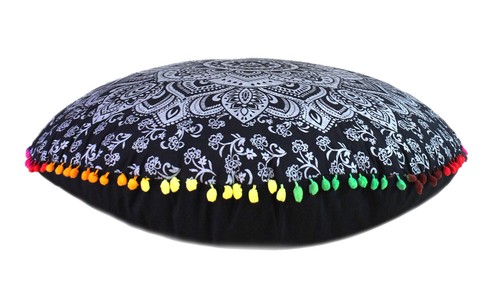 28" Black Silver Mandala Round Floor Pillow Cushion Cover Room Decorative Throw - Picture 2 of 3